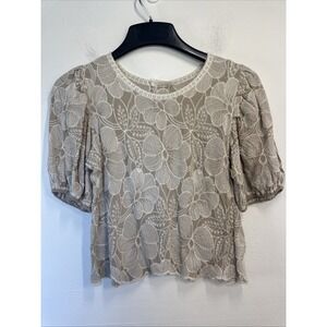 Solitaire Nude Embroidered Cropped Scalloped Puffy Sleeve Blouse Boho Indyl